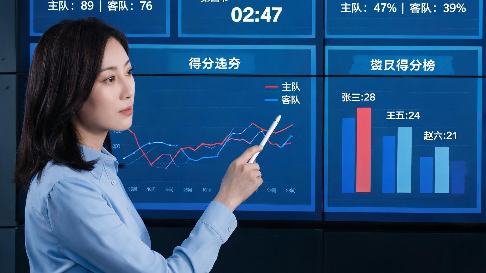 赛事数据专家，女性，30岁左右，在数据大屏前分析比赛数据